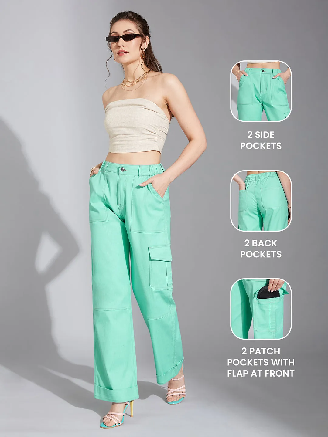 24/7 comfort Women's Turquoise Wide-Leg High Rise Clean Look Regular-Length Stretchable Denim Pants