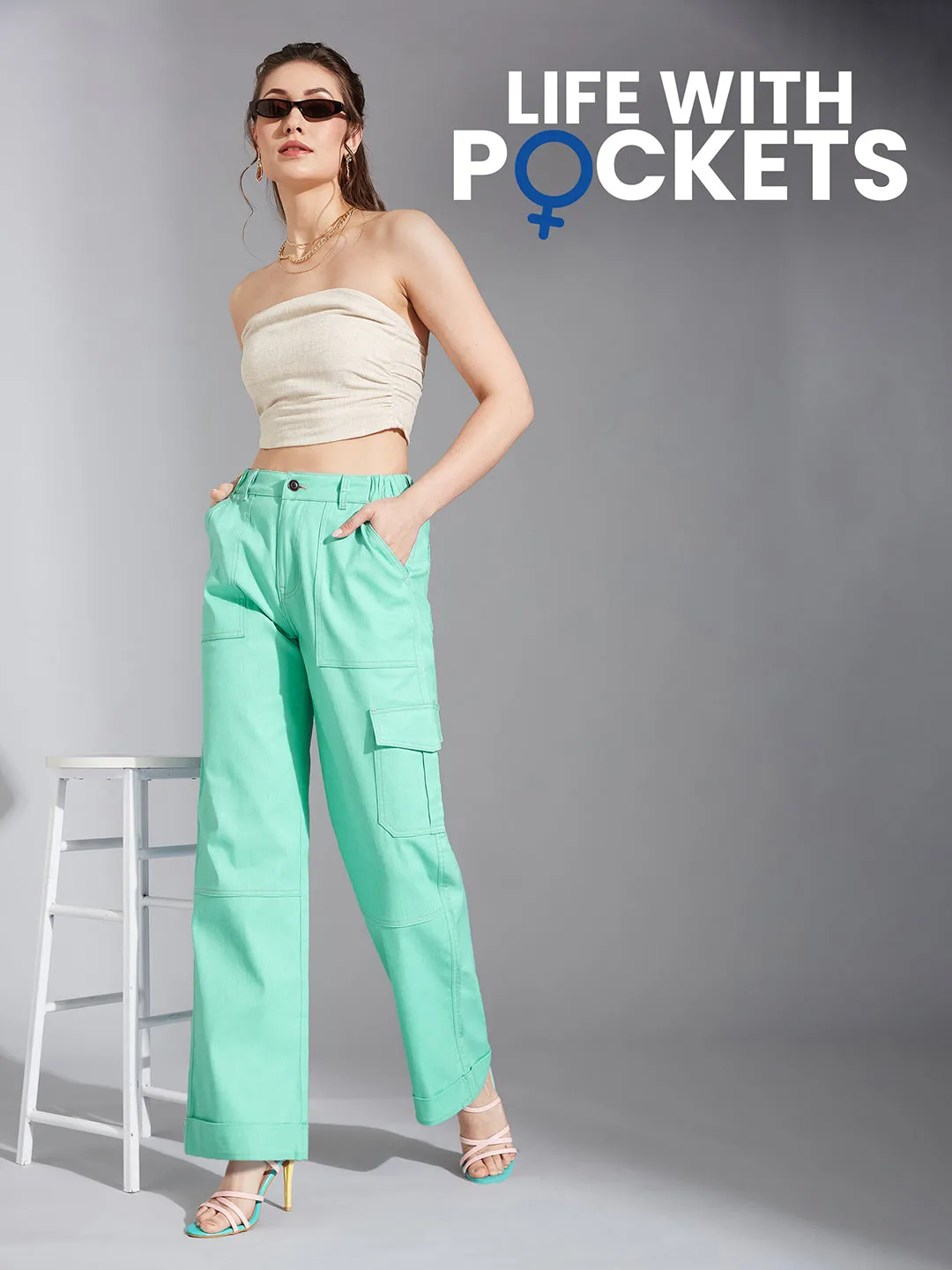 24/7 comfort Women's Turquoise Wide-Leg High Rise Clean Look Regular-Length Stretchable Denim Pants