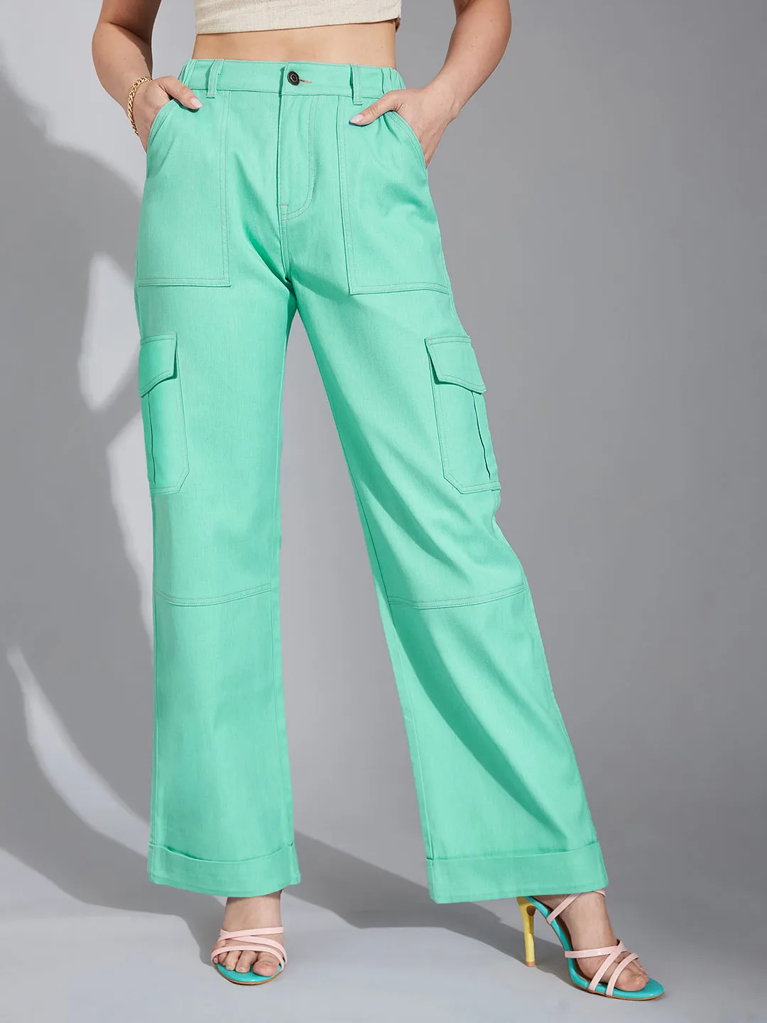 24/7 comfort Women's Turquoise Wide-Leg High Rise Clean Look Regular-Length Stretchable Denim Pants