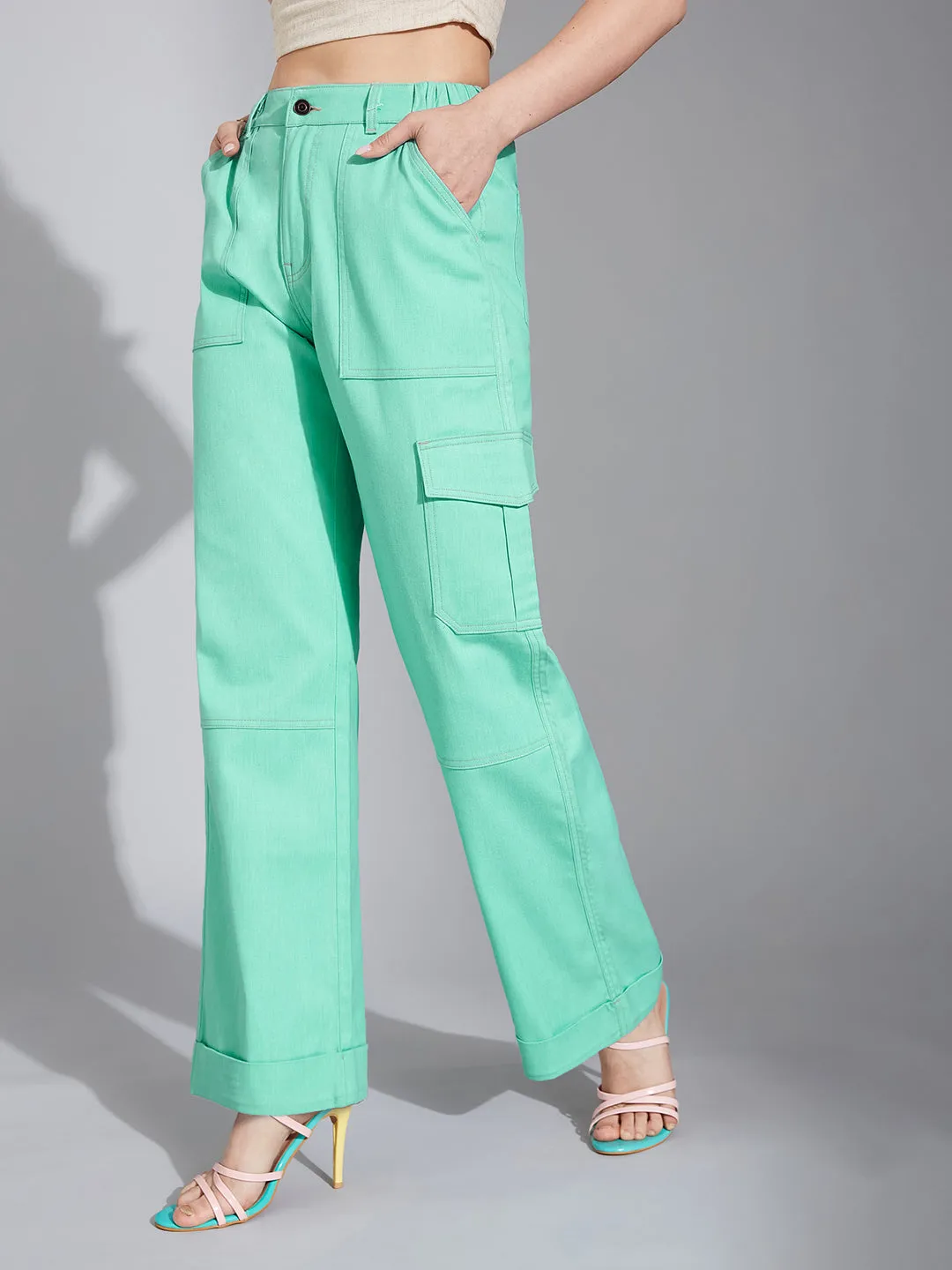 24/7 comfort Women's Turquoise Wide-Leg High Rise Clean Look Regular-Length Stretchable Denim Pants