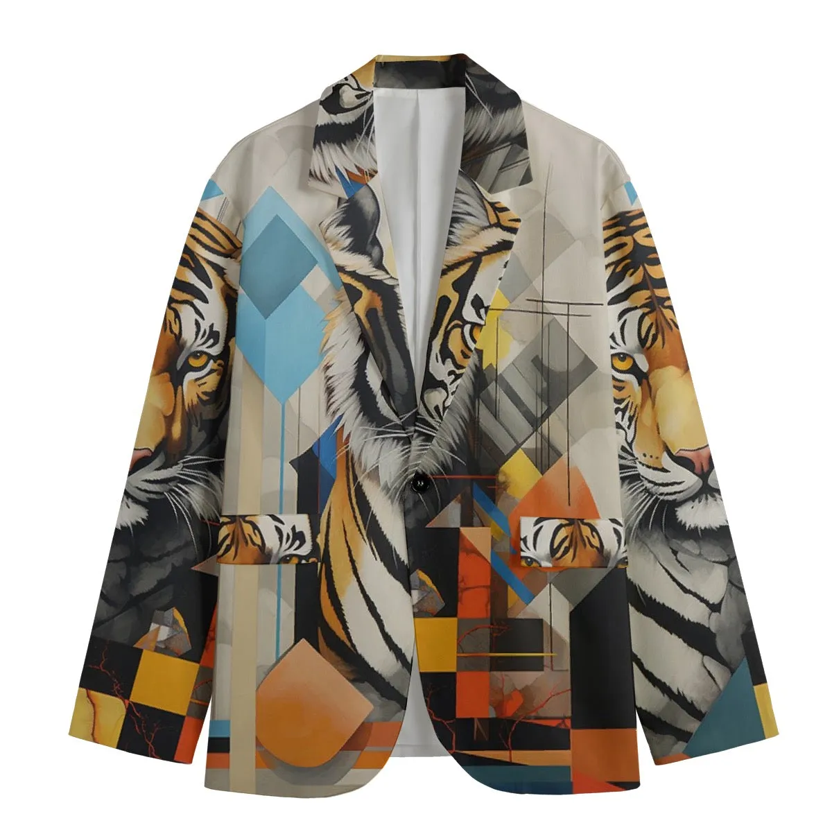 All-Over Print Men's Casual Flat Lapel Collar Blazer | 245GSM Cotton/Tiger