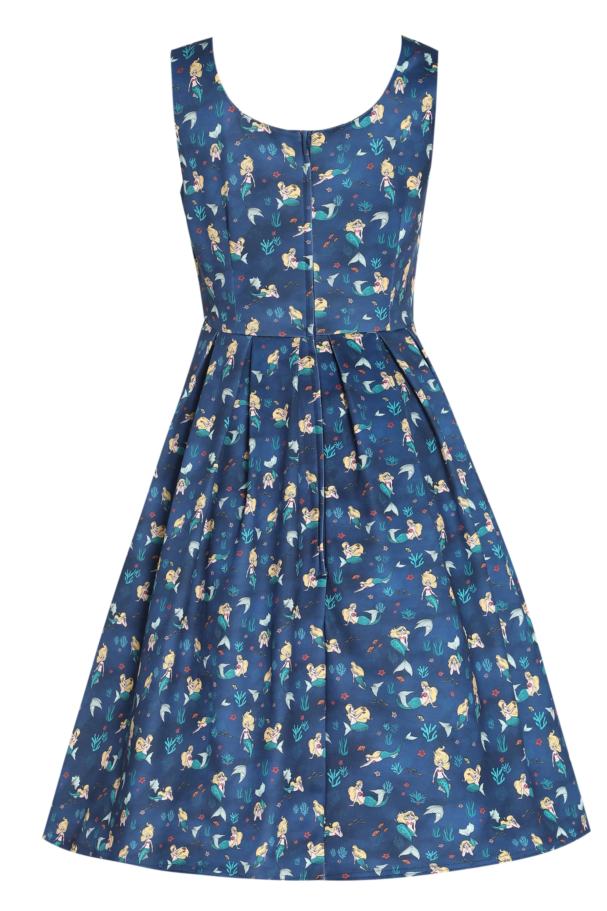 Amanda Teal Blue Scoop Neck Mermaid Print Swing Dress