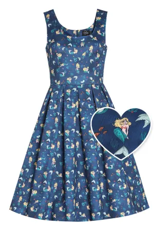 Amanda Teal Blue Scoop Neck Mermaid Print Swing Dress