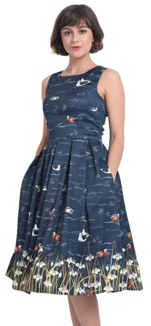 Annie Retro Inspired Navy Blue Duck Print Dress