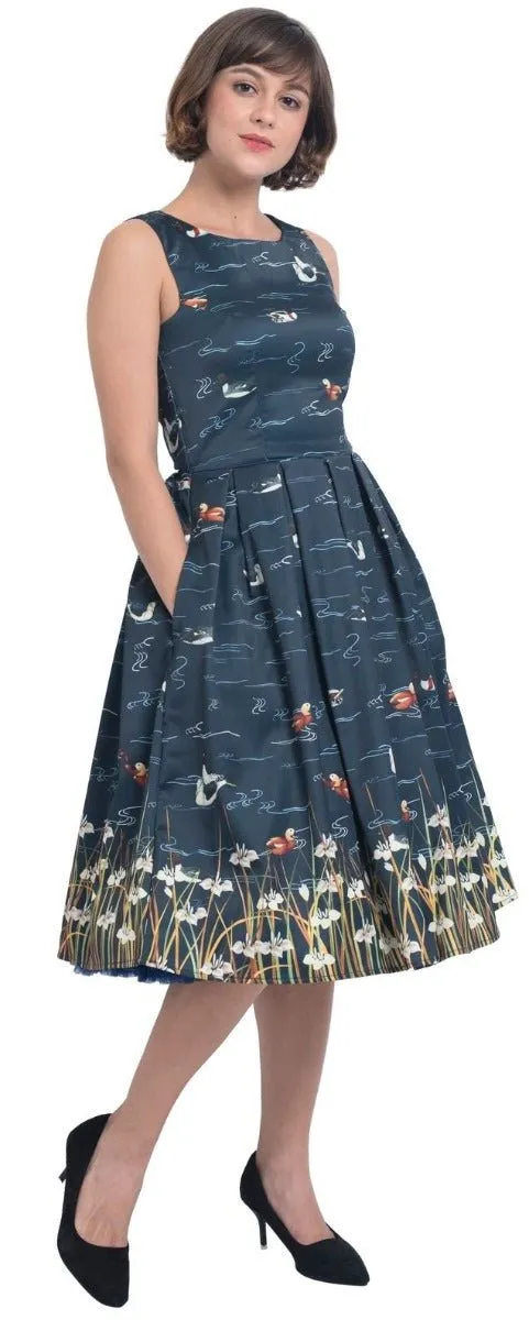 Annie Retro Inspired Navy Blue Duck Print Dress