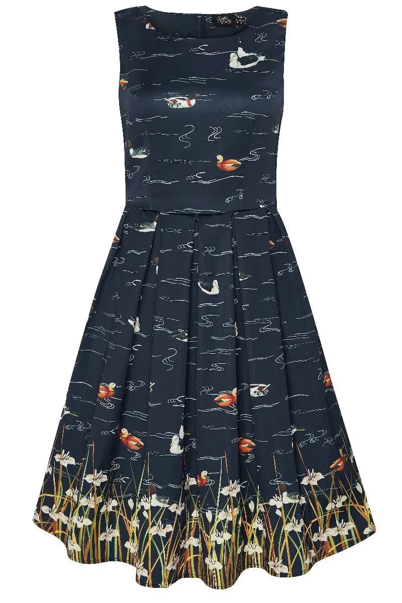 Annie Retro Inspired Navy Blue Duck Print Dress