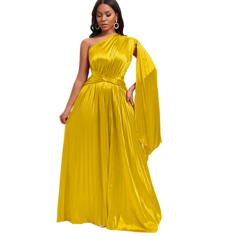 Asymmetrical Folded Off-Shoulder Waist Cinched Dress