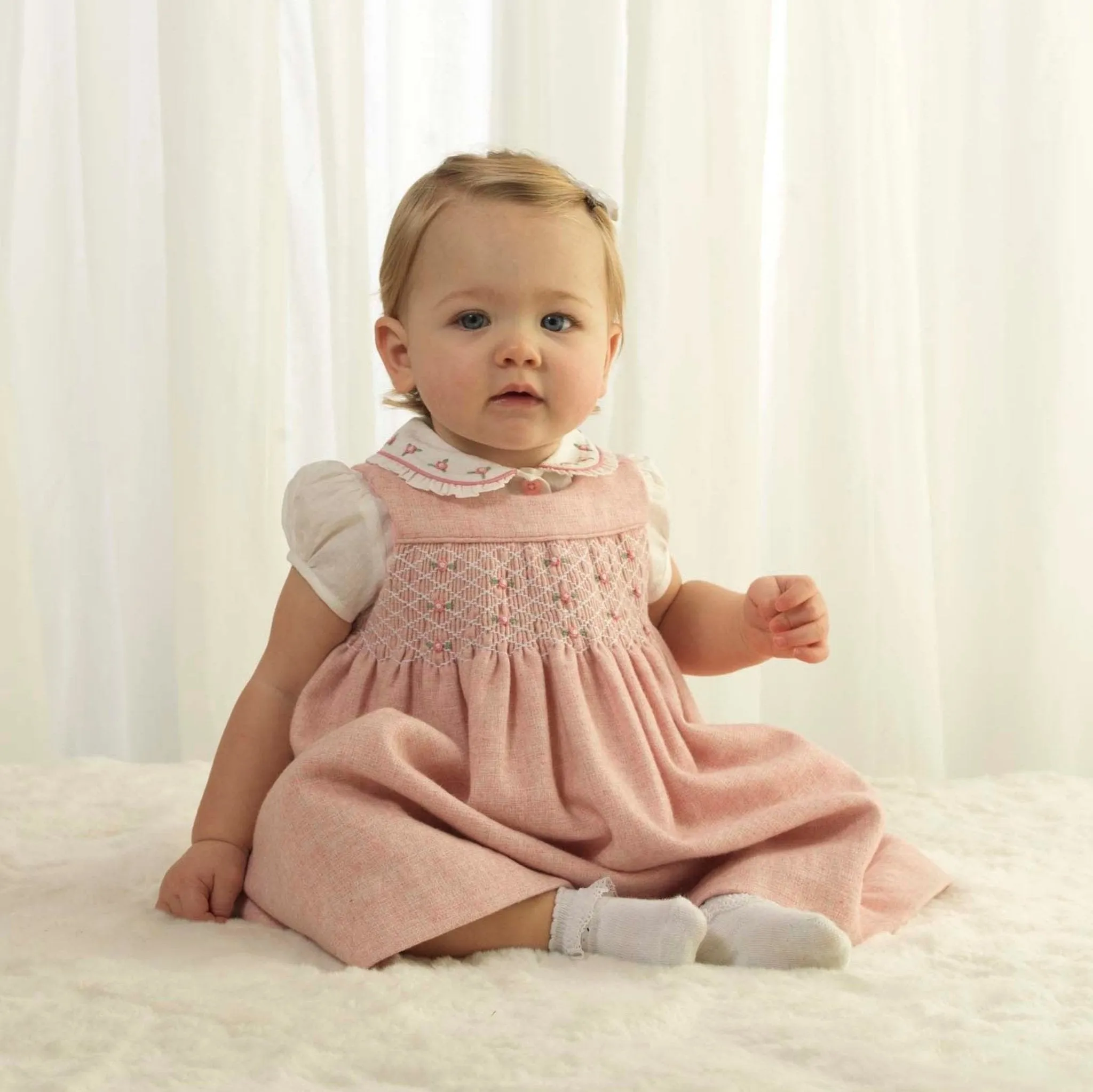 Baby Girl Pink Tweed Rosebud Smocked Pinafore