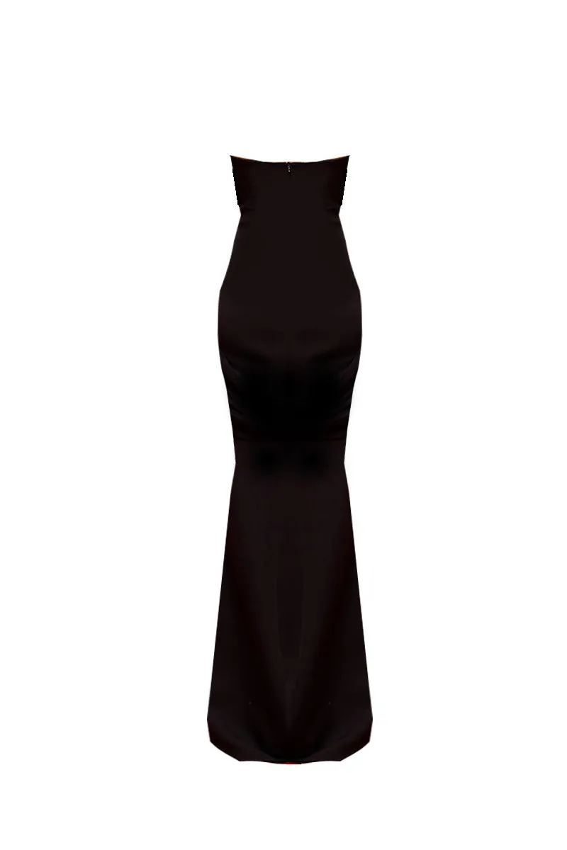 BLACK STRAPLESS CORSET DRESS WITH FLATTERING FRONT DETAIL