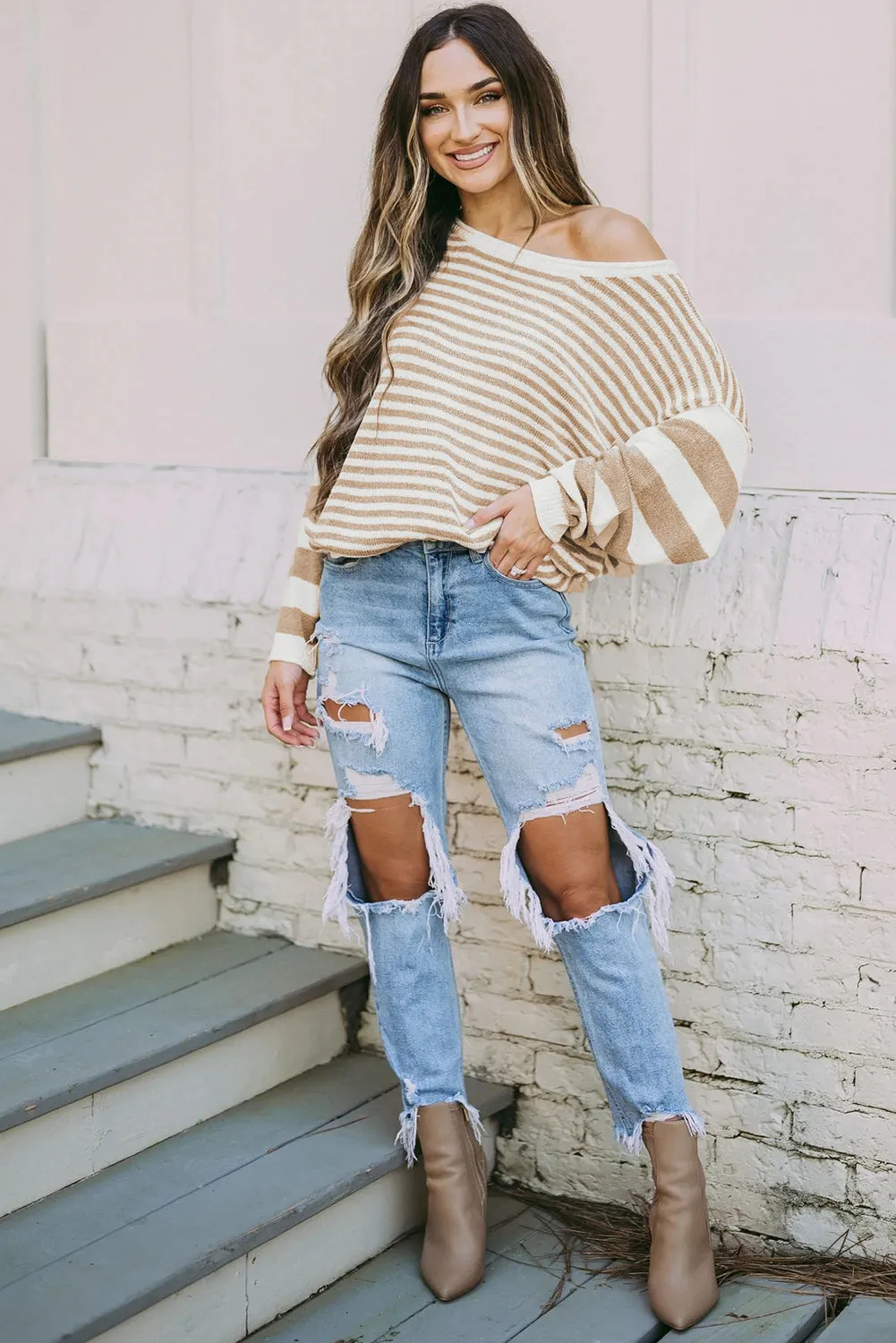 Bubble Sleeve Mixed Stripe Pullover Sweater