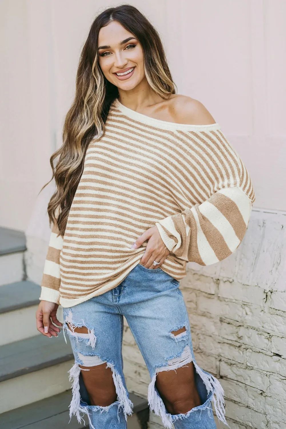 Bubble Sleeve Mixed Stripe Pullover Sweater