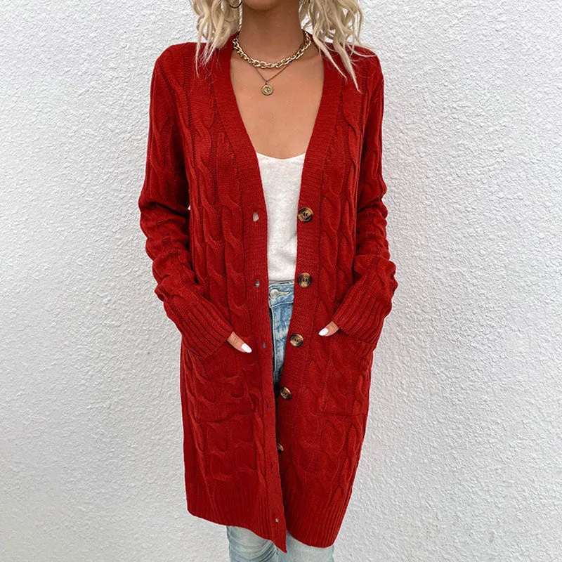 Casual Rib V Neck Button Up Long Sleeve Pocket Chunky Cable Knit Cardigan