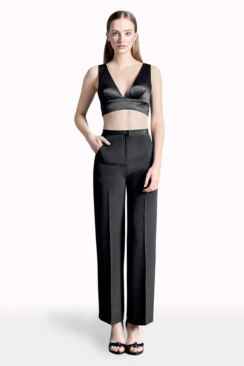 Crepe Silk High Waisted Long Pants in Black