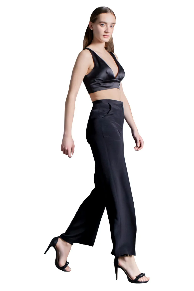 Crepe Silk High Waisted Long Pants in Black