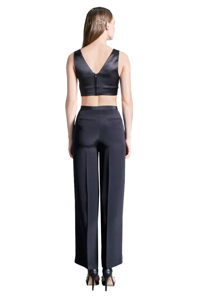 Crepe Silk High Waisted Long Pants in Black