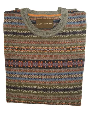 Crew Neck Sweater in Grey Fair Isles Pattern Cotton Blend