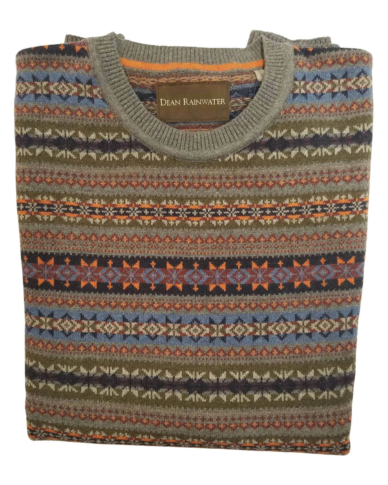 Crew Neck Sweater in Grey Fair Isles Pattern Cotton Blend