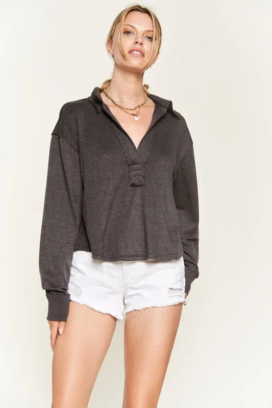 Deep V-neck Collared Long sleeve Knit Top