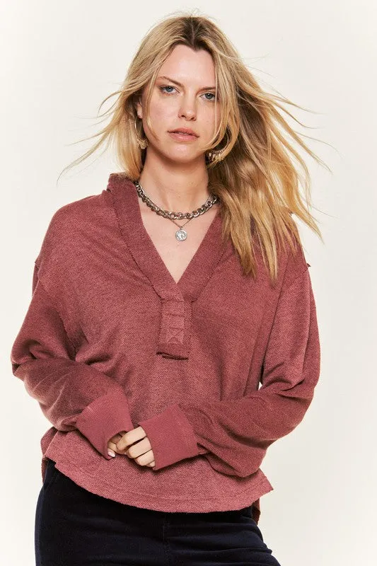 Deep V-neck Collared Long sleeve Knit Top