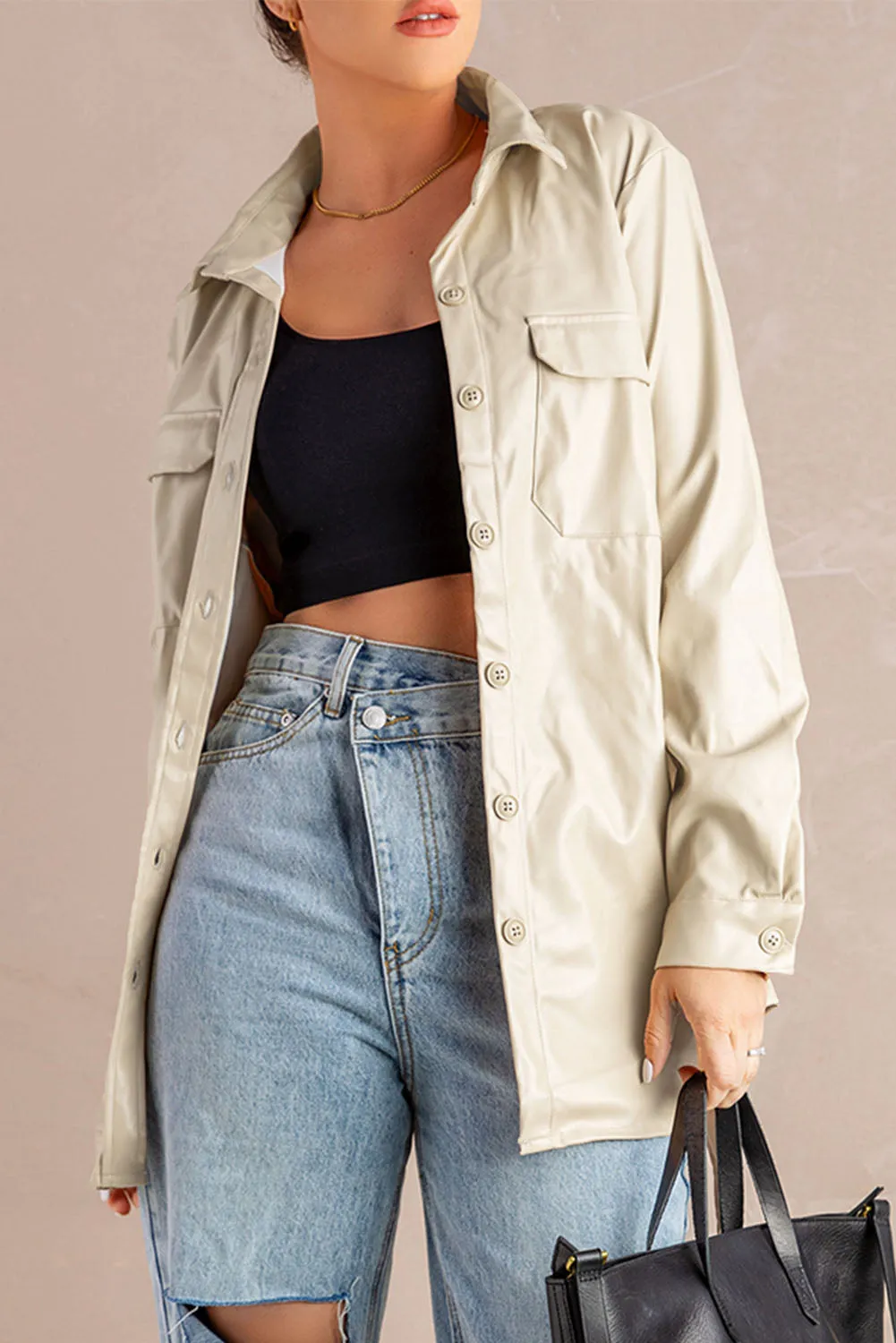 Flip Breast Pocket Tied Waist PU Jacket