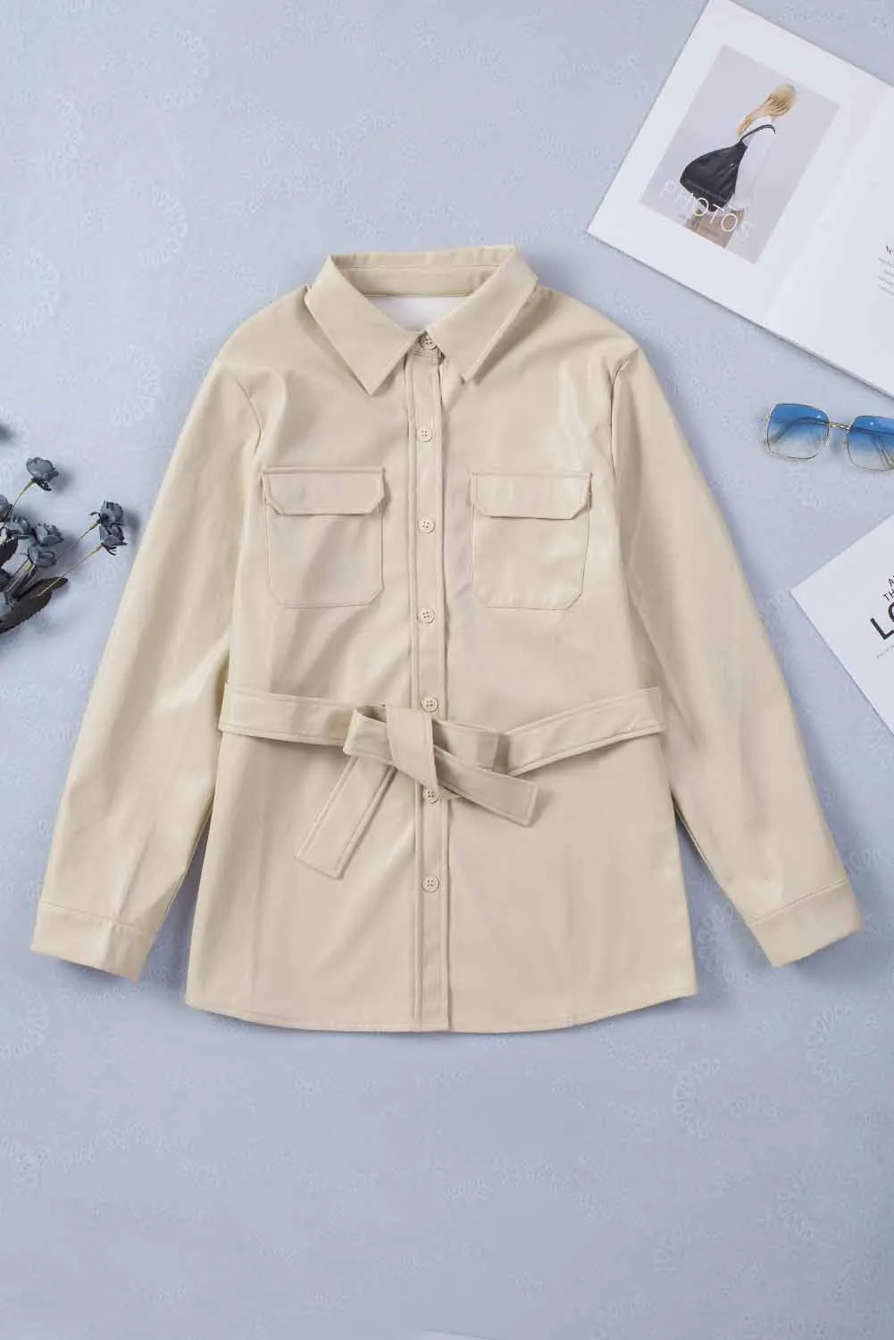 Flip Breast Pocket Tied Waist PU Jacket