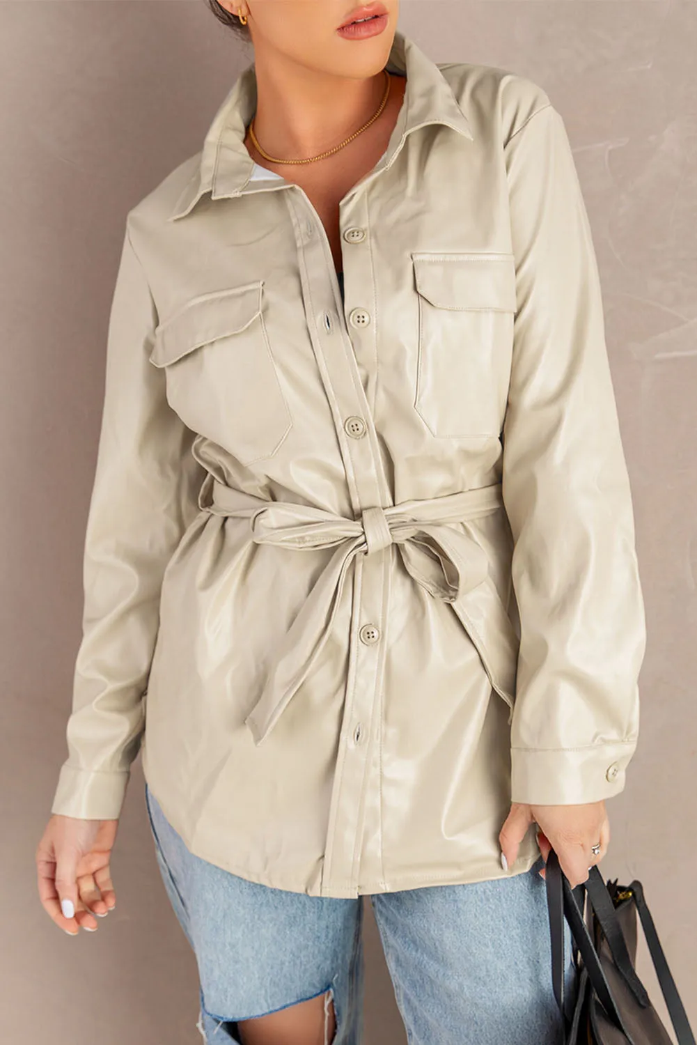 Flip Breast Pocket Tied Waist PU Jacket