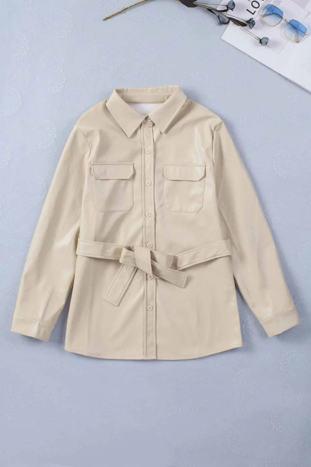 Flip Breast Pocket Tied Waist PU Jacket