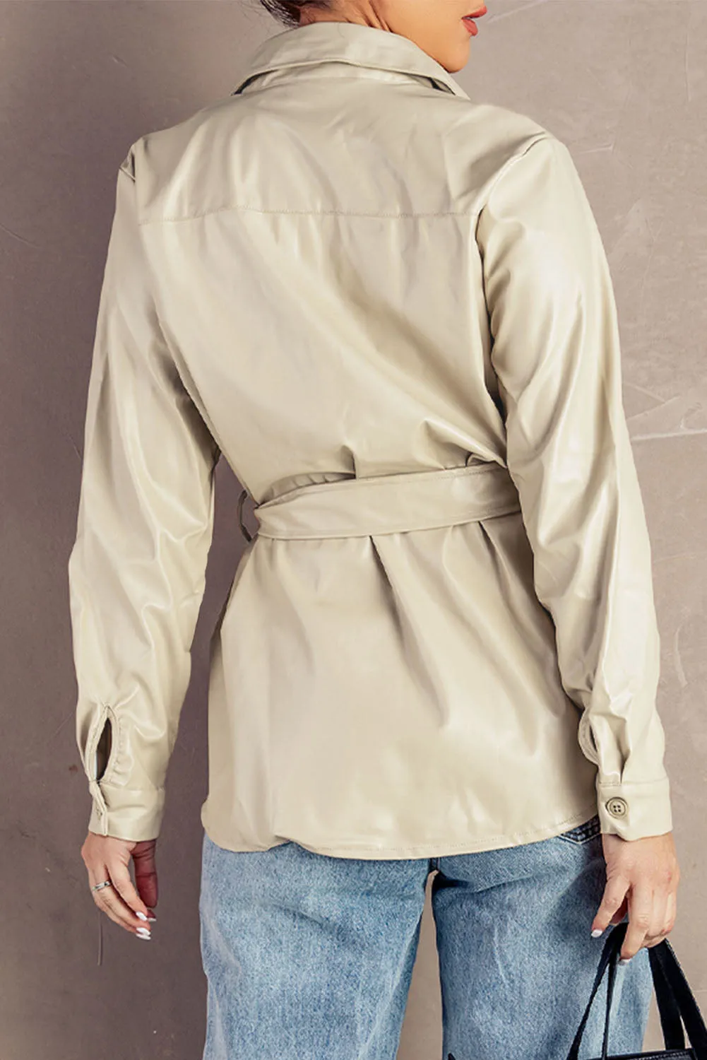 Flip Breast Pocket Tied Waist PU Jacket