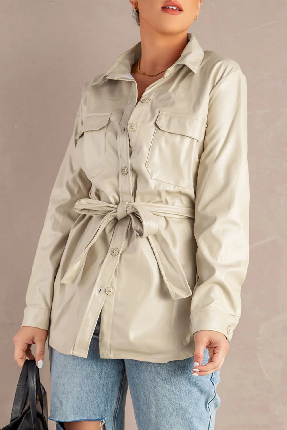 Flip Breast Pocket Tied Waist PU Jacket