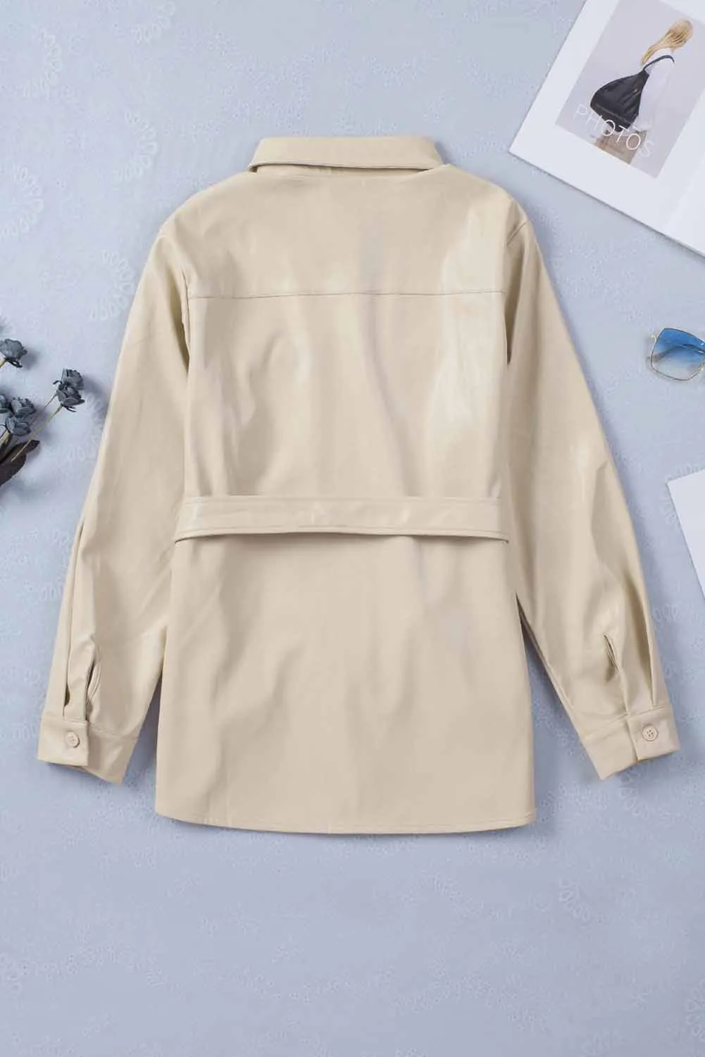 Flip Breast Pocket Tied Waist PU Jacket