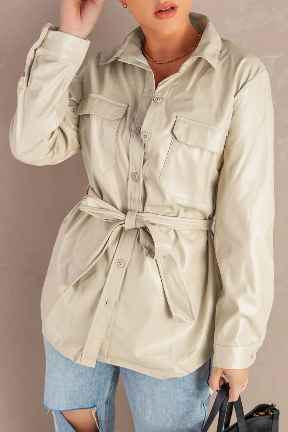 Flip Breast Pocket Tied Waist PU Jacket