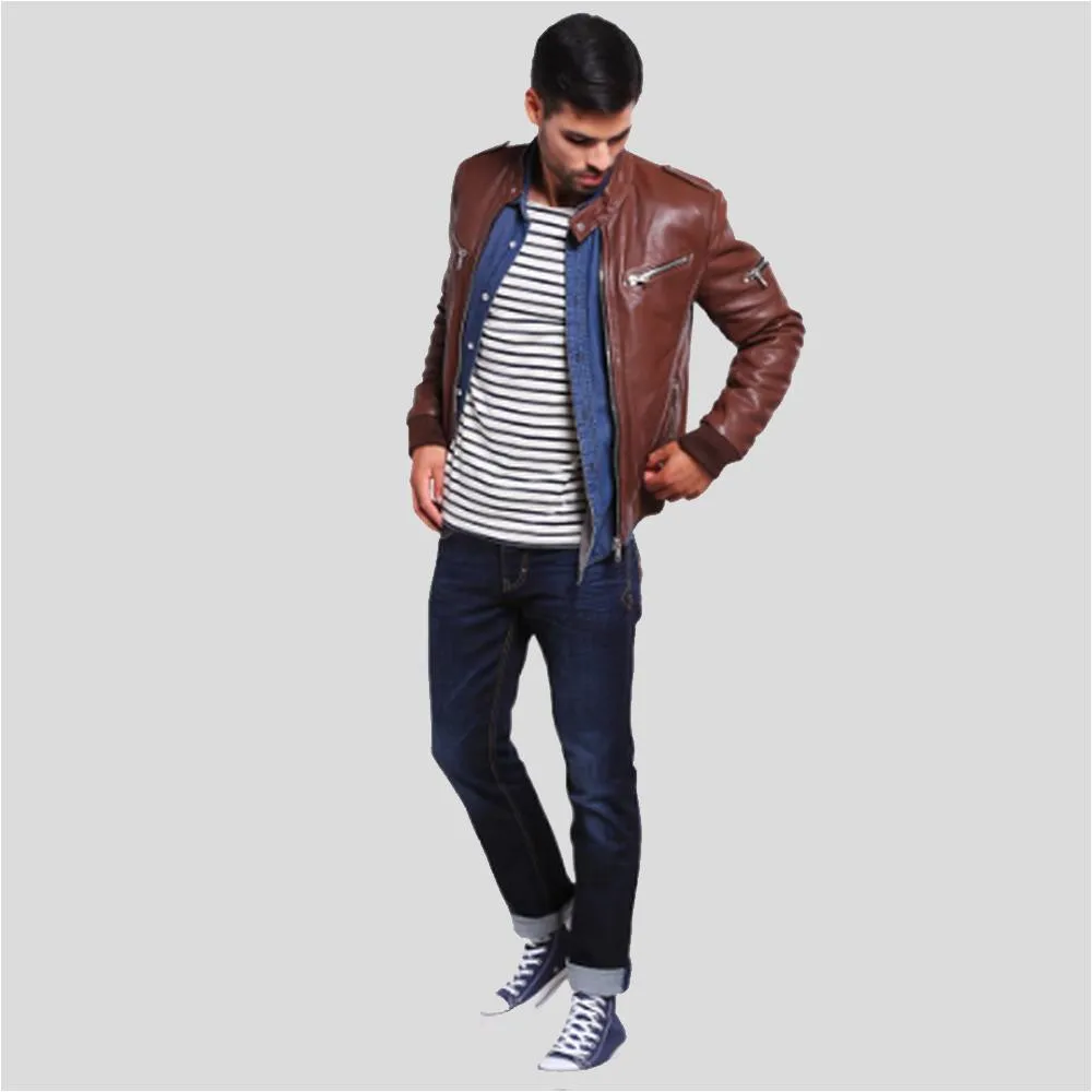 Fonz Brown Bomber Leather Jacket for Men