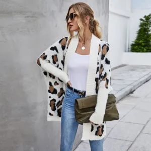 Fuzzy Shawl Collar Open Front Leopard Jacquard Eyelash Knit Cardigan