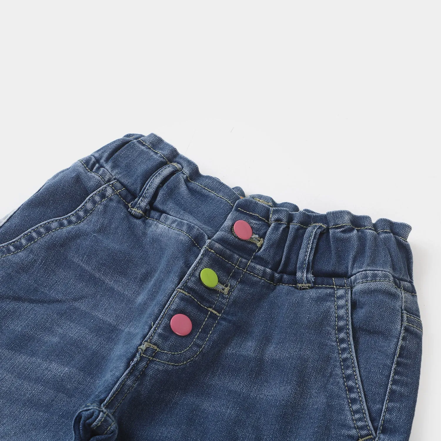 Girls Pant Denim Colored Buttons-Mid Blue