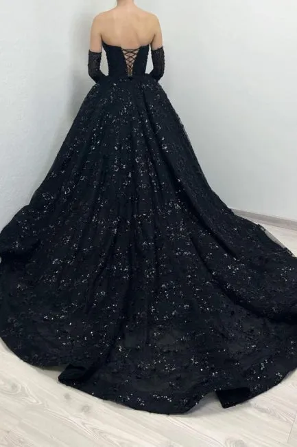 Gorgeous Long Black A-line Sweetheart Lace Laced-up Prom Dress