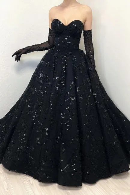 Gorgeous Long Black A-line Sweetheart Lace Laced-up Prom Dress