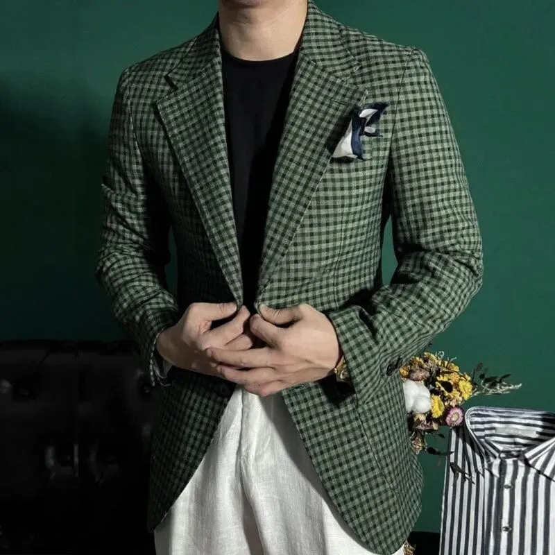 Green Plaid Pattern Single Breasted Blazer