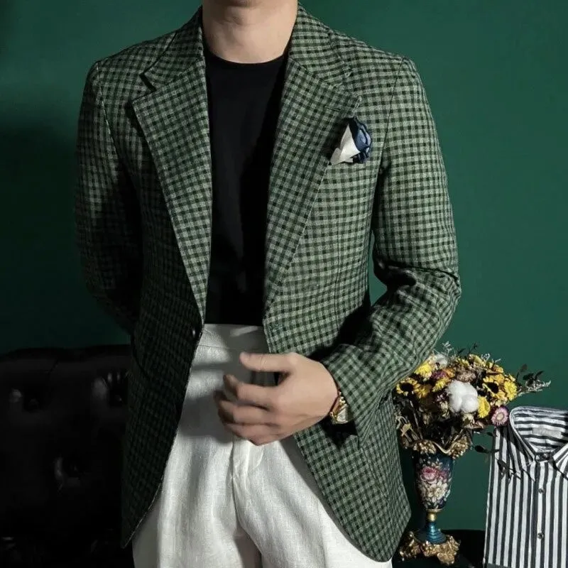 Green Plaid Pattern Single Breasted Blazer