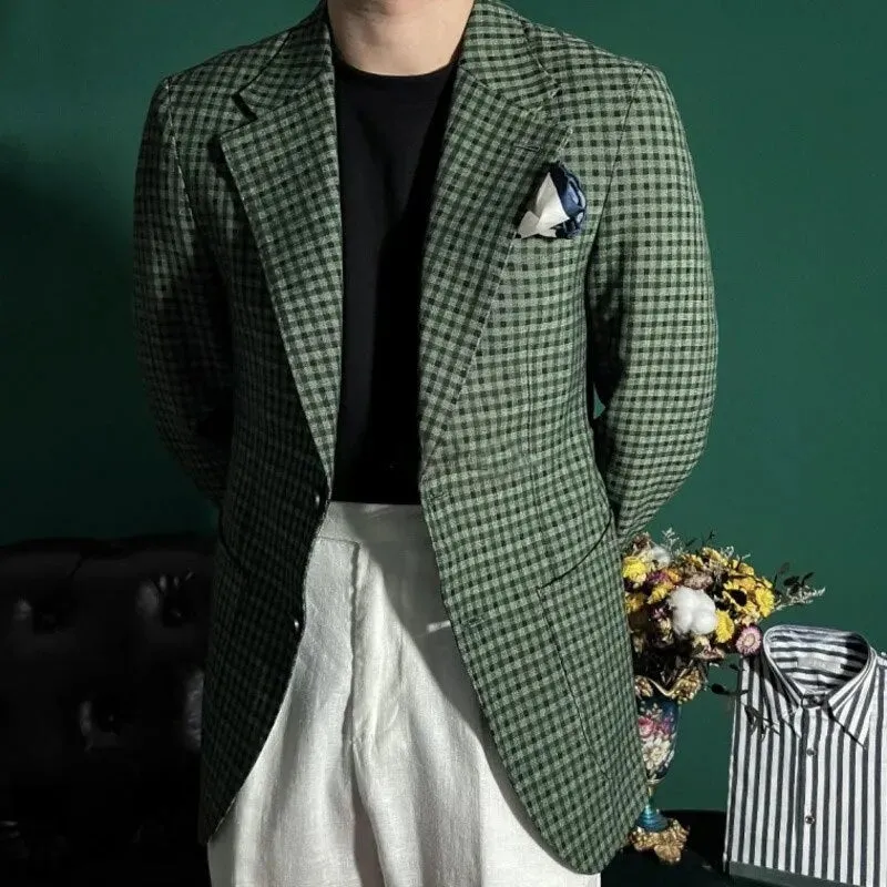 Green Plaid Pattern Single Breasted Blazer