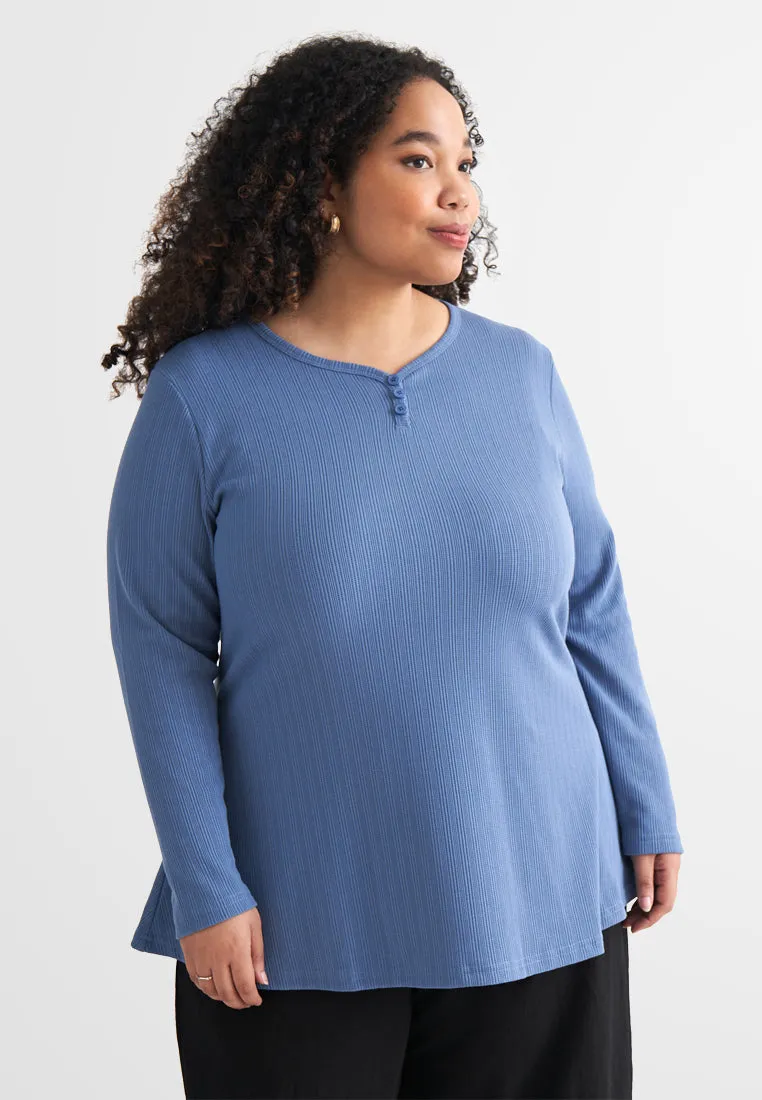 Helene Ribbed Henley Tee - Blue