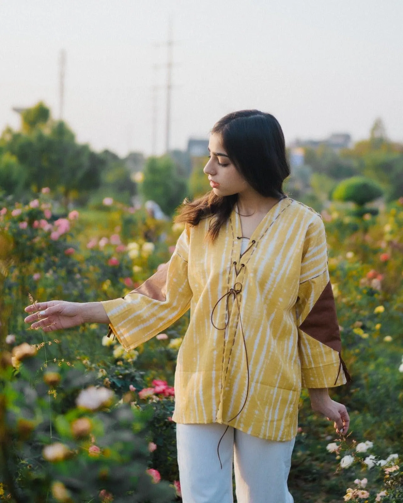 Lemon Yellow Handmade Cardigan with Brown Leather Accents