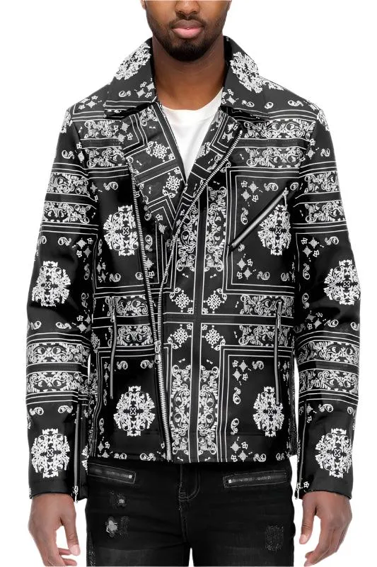 Mens Bandana Print Faux Leather Jacket