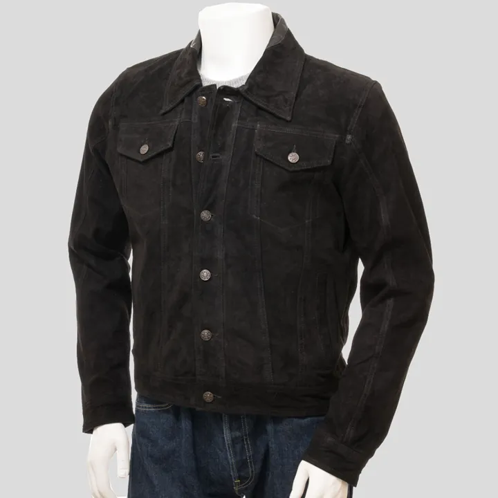 Mens Black Suede Leather Trucker Jacket