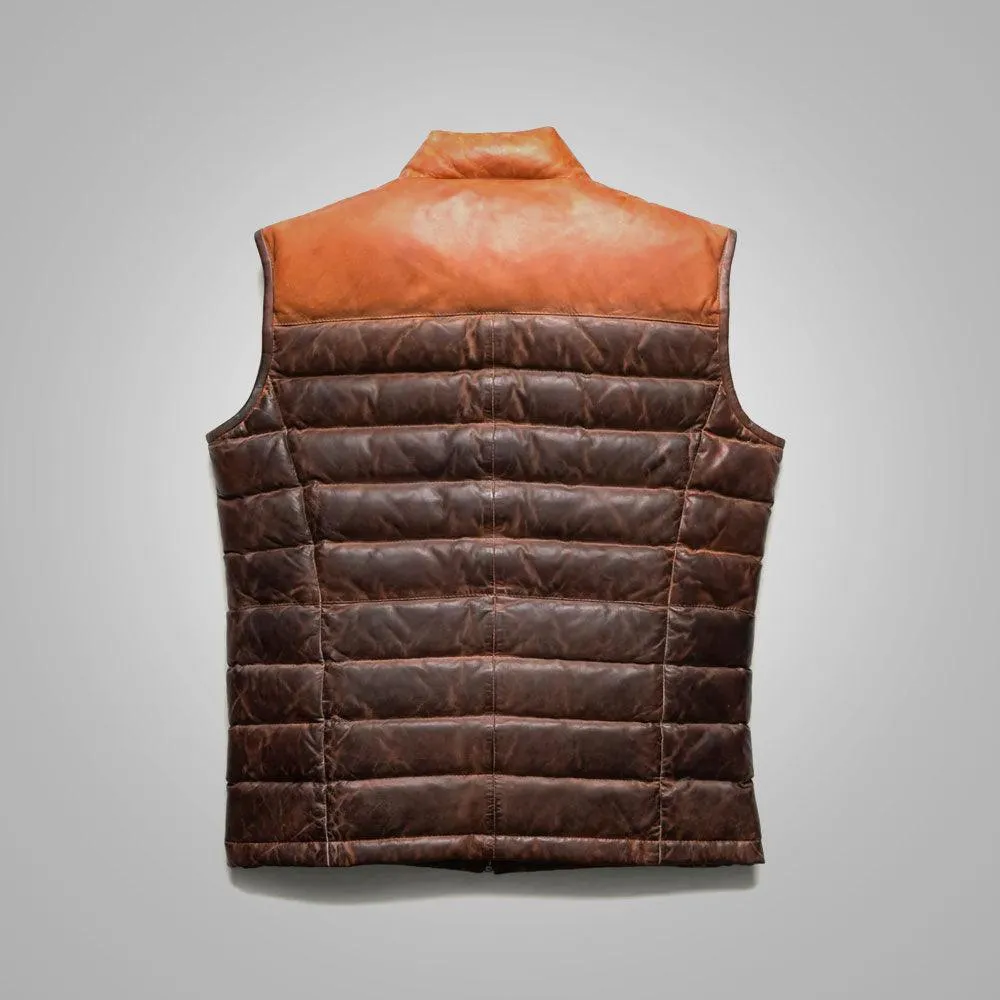 Mens Brown Genuine Bubble Leather Down Vest