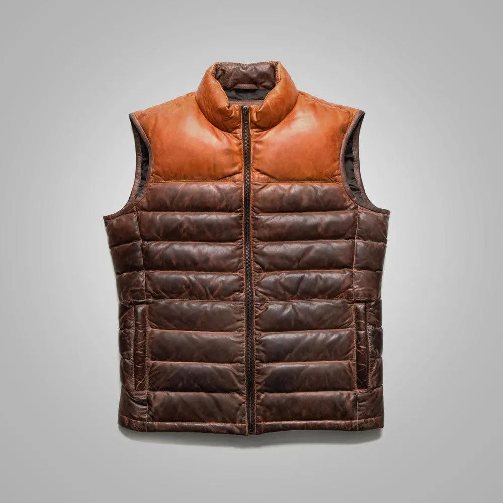 Mens Brown Genuine Bubble Leather Down Vest