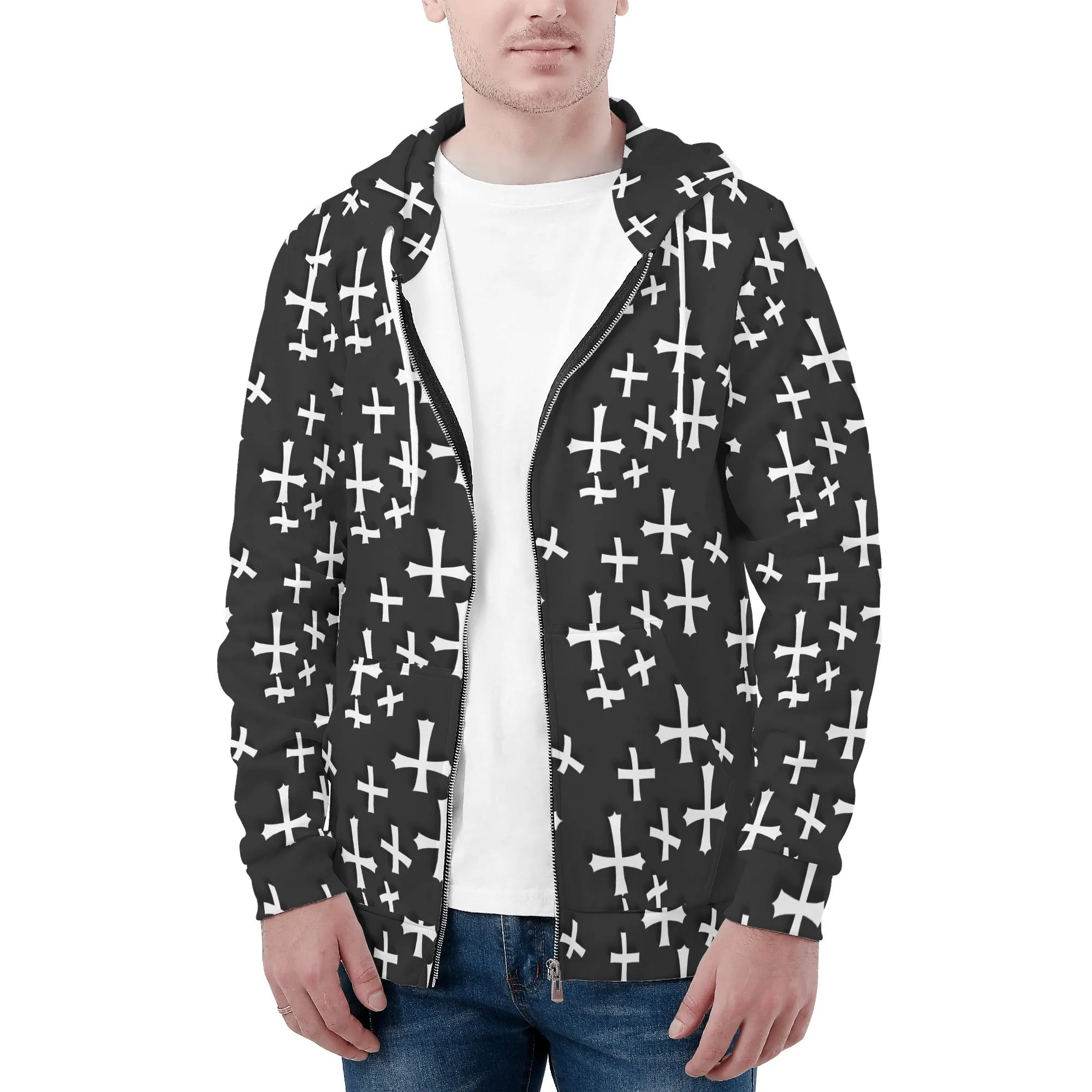 Mens Little Crosses Classic Zip Up Hoodie Warm Jacket