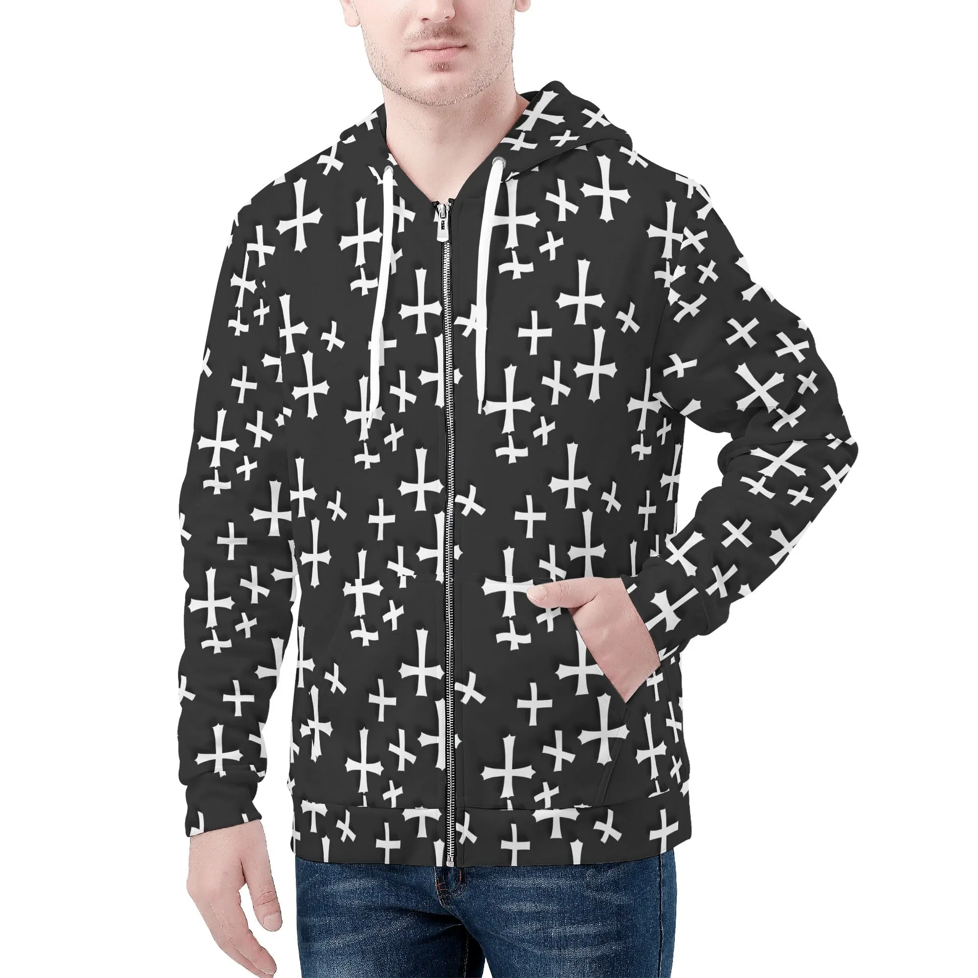 Mens Little Crosses Classic Zip Up Hoodie Warm Jacket