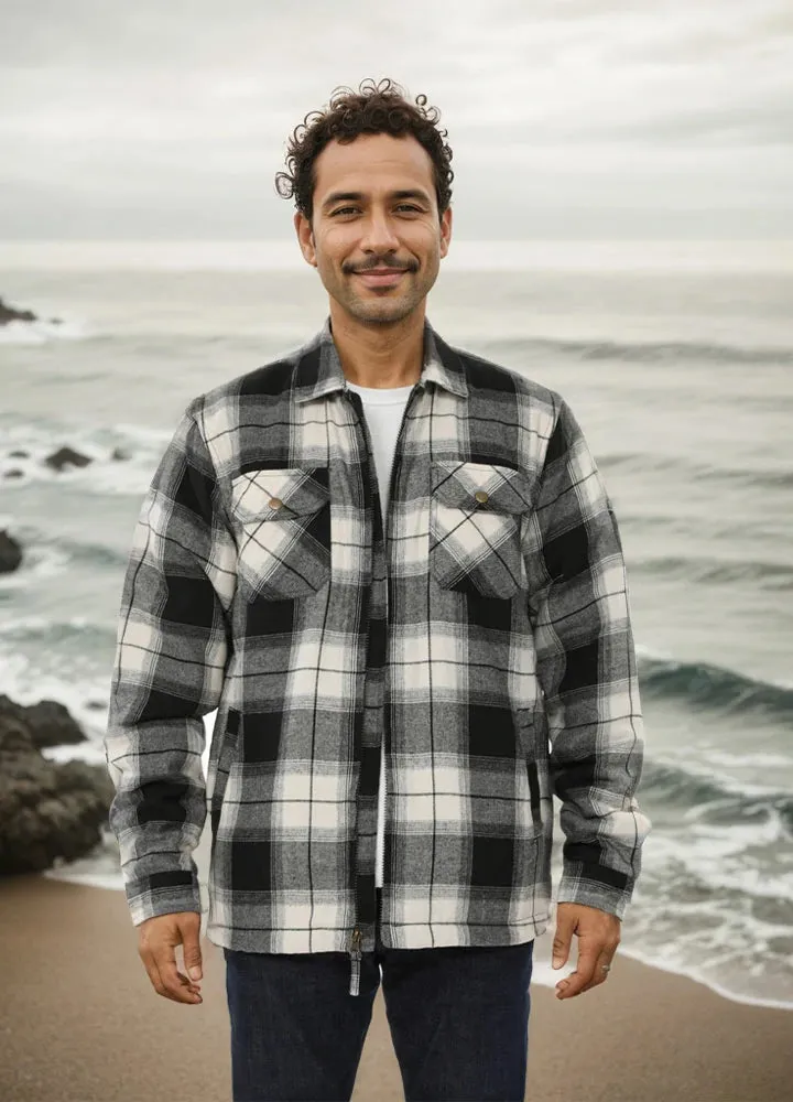 Men's Warm Sherpa Fleece Lined Full Zip Up Plaid Flannel Shirt Jacket