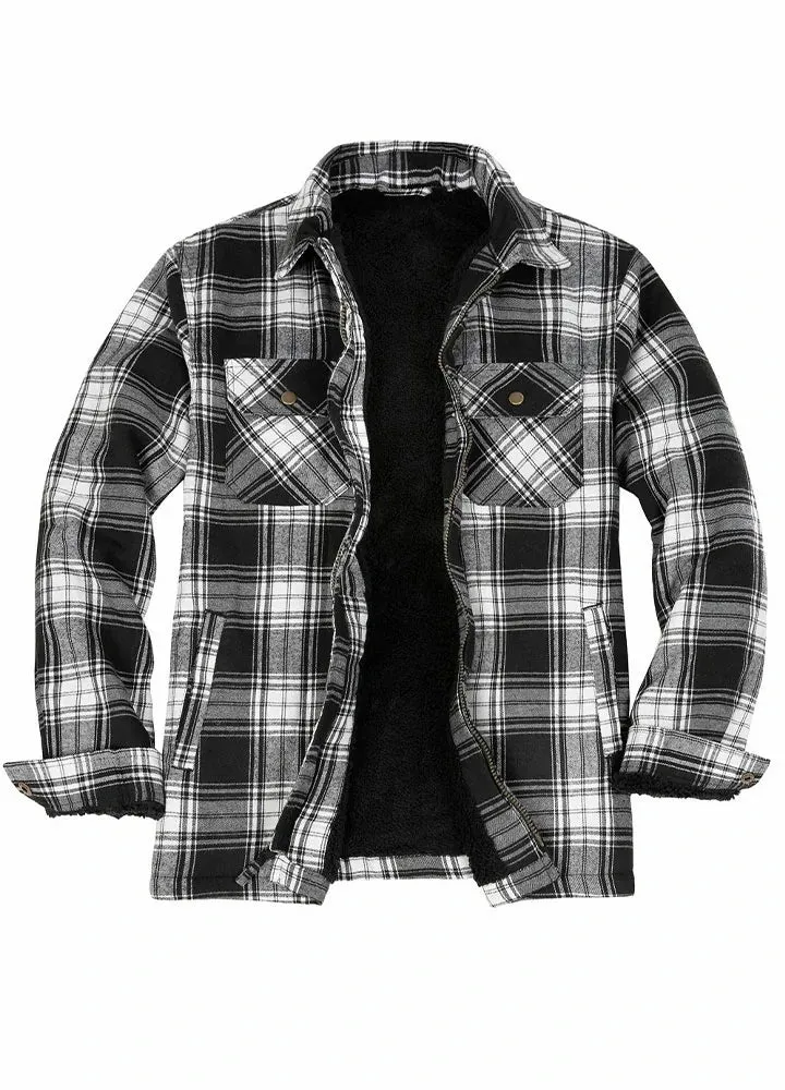 Men's Warm Sherpa Fleece Lined Full Zip Up Plaid Flannel Shirt Jacket