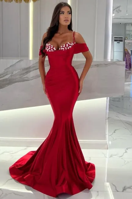 Mermaid Red Spaghetti Straps Sweetheart Off-The-Shoulder Floor-Length Stain Prom Dresses with Ruffles